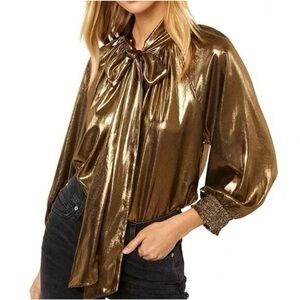 MISA LOS ANGELES Metallic Gold Tie-Neck Blouse size M